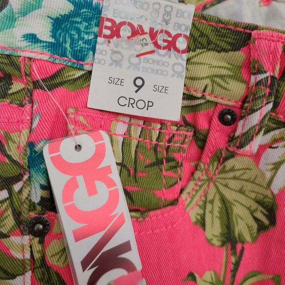 Bongo Junior Sz 9 Neon Pink Floral Palm Tropical Print Crop Stretchy Jeans Pants - Picture 9 of 10
